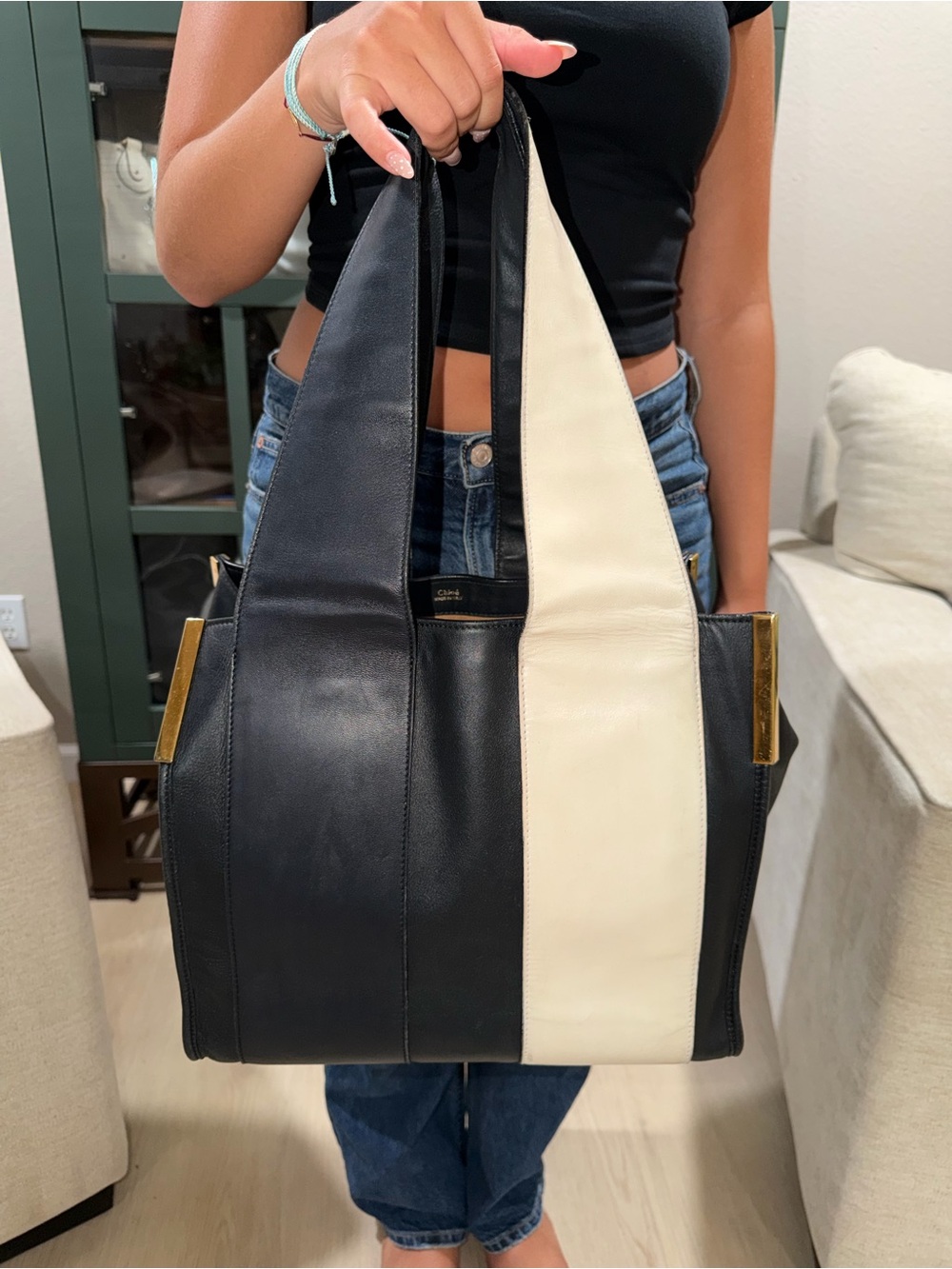 CHLOE Color Block Black and Cream Leather Tote - Picture 3 of 15